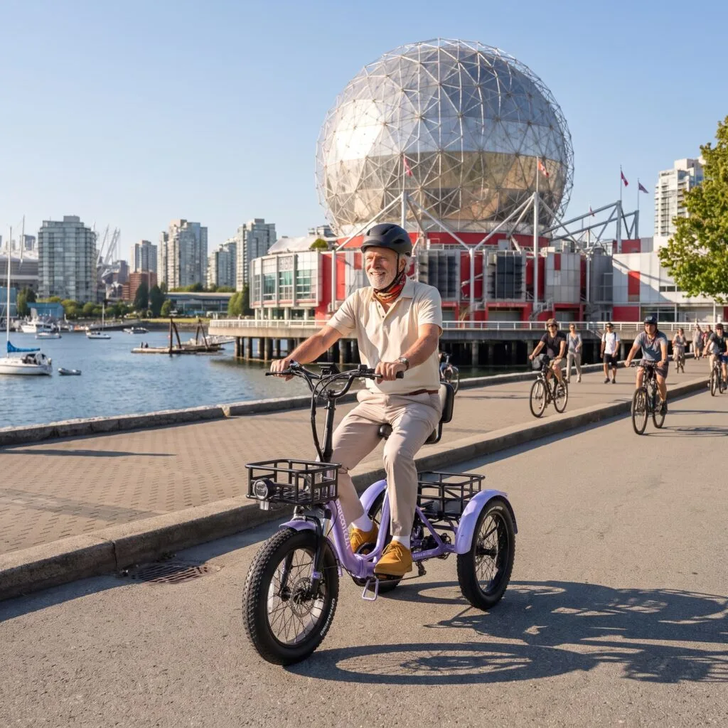Riding E-Trike by Science World Seawall